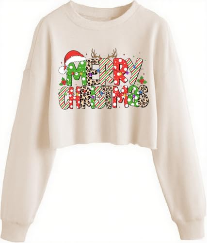 ZKDOO Women's Merry Christmas Crewneck Crop Sweatshirt Funny Leopard Christmas Graphic Lantern Long Sleeve Pullover Winter Holiday Party Tops(L,Beige-Merry)