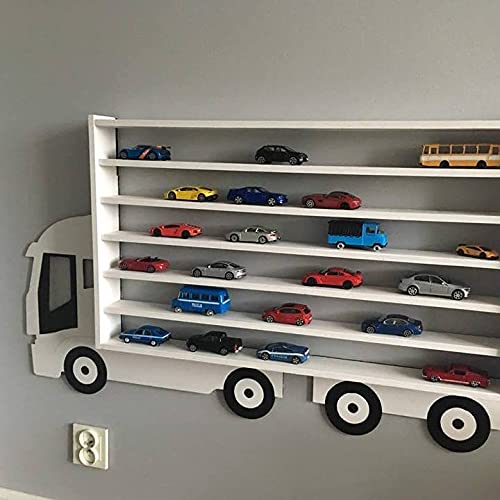sanmar Handgearbeitete Aufbewahrung Spielzeug Auto Regal, Holz Streichholzschachtel Auto Regal, LKW-Design, groß, Premium-Qualität, Kinderzimmer Dekor (Weiss, Ohne den Namen) Cover