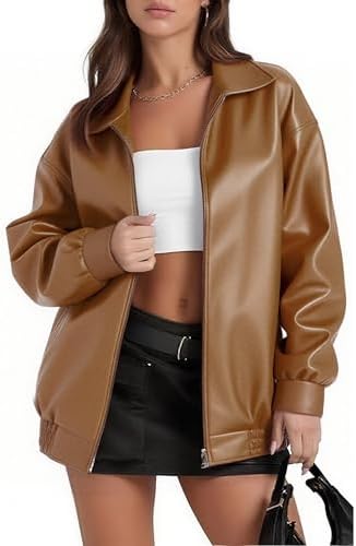 Women's Faux Oversized Leather Jacket, Zip Up Motorcycle Bomber Fall Jackets 2025, Vintage Y2K Tops Winter Coats