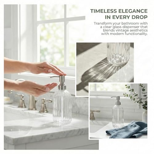 Image of Clear Glass Soap Dispenser | with 304 Rustproof Stainless Steel Pump 18oz for Kitchen and Bathroom Hand Soap Dispenser Bottle