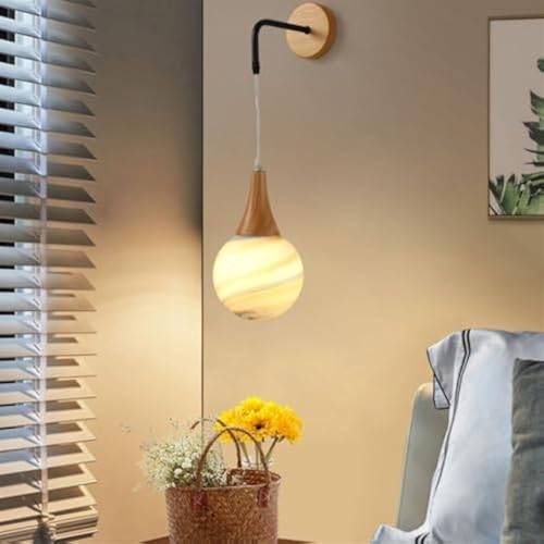 Aplique de pared globo de cristal y madera con cable ajustable para dormitorio 6