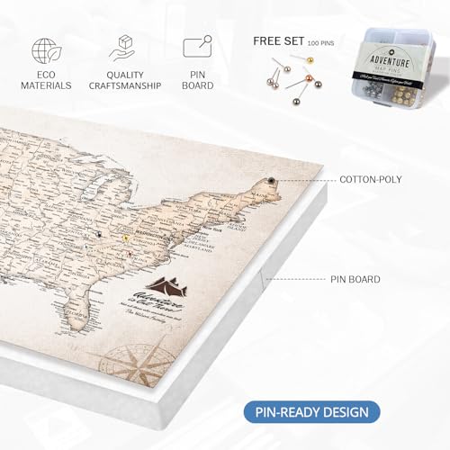 Image of IPIC - Custom USA Map Canvas Wall Art, Personalized Artwork with Names and Message on, Framed Oversize Travel Map for Home, Office, or Study, Push in Board Decor for Travel Lovers