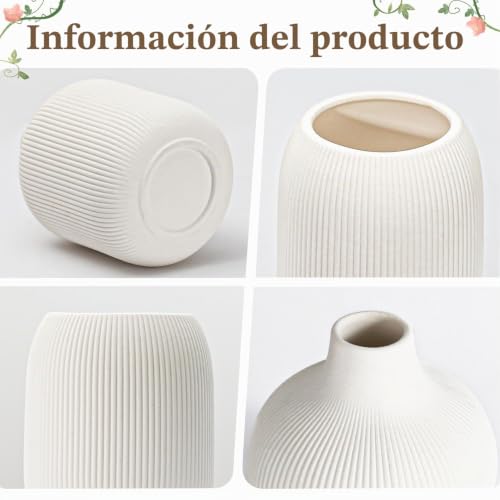 Miniatura 2 de Dnnnii Moderno Juego De 3 Jarrones De Cerámica Blanca De Textura Acanalada, Decoración Neutra Y De Transición Del Hogar, Colección De Jarrones Minimalistas Decorativos, Pequeños