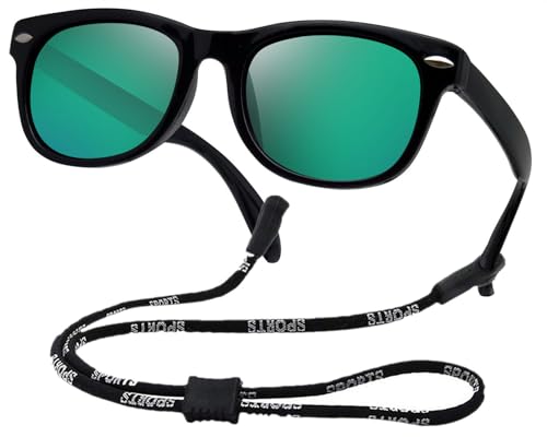 COOLSOME Kids Flexible Polarized Sunglasses for Boys Girls Age 3-10 with Straps (Black/Mirrored green lens)