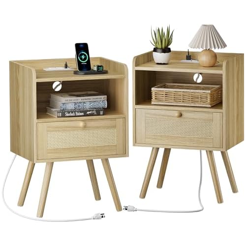 SUPERJARE Nightstands Set of 2, Night Stands with Charging Station & PE Rattan Decor Drawer, Bed Side Tables with Solid Wood Feet, End Table, for Bedroom, Living Room – Natural