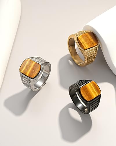 YeGieonr Tiger Eye Ring for Men, 18K Gold Plated Mens Signet Ring,Natural Tiger's Eye Gemstone Ring, Non-Tarnish Waterproof Gold Rings for Men, Gift for Him - Image 6