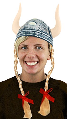 VIKING HELMET FANCY DRESS COSTUME ACCESSORY LADIES NORDIC WARRIOR MEDIEVAL NORSE GODDESS HAT WITH HORNS (HELMET + BLONDE PLAITS WITH RED RIBBON)
