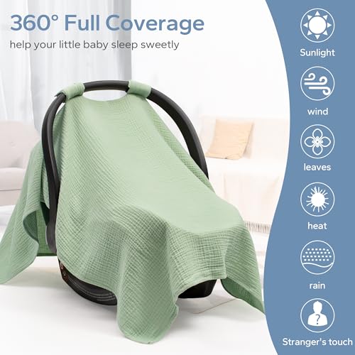 Image of SERAPHY Muslin Car Seat Cover Baby, Universal Carseat Covers Baby Girl Boy | 100% Muslin Cotton, Universal Fit, Breathable, Soft Infant Car Seat Canopy, For Boys and Girls, Sun & Wind Protection