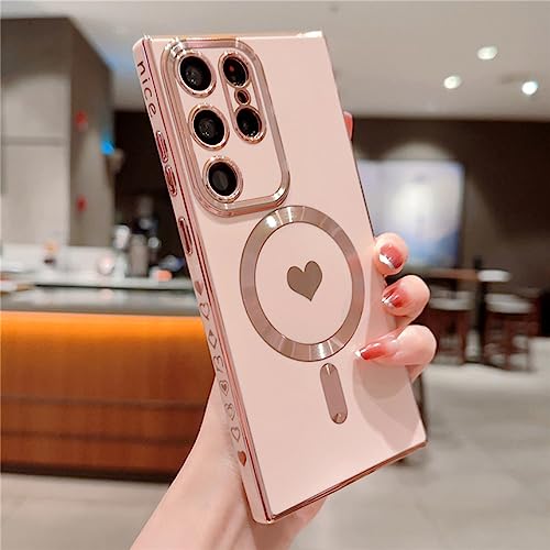 Coque Samsung S21 Ultra en silicone rose avec support de charge magnétique et antichoc