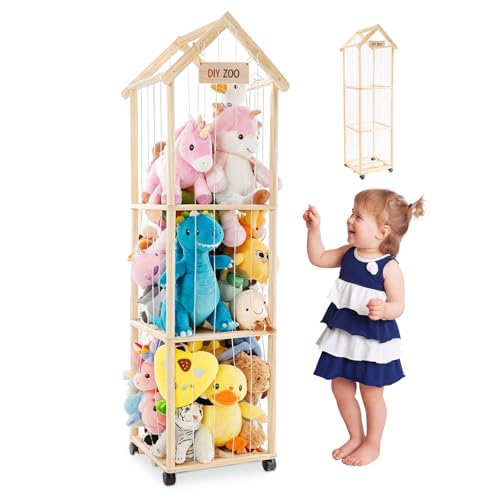 Caossuixin Soft Toy Storage,3-Tier Solid Wooden Stuffed Animal Storage Organizer with 360° Swivel Castors,Large Soft Cuddly Toy Storage Zoo with Elastic Band for Kids Room,Playroom,Bedroom,150*40*40cm