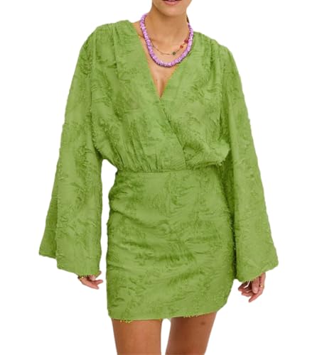 Robe courte décontractée à manches longues et col en V pour femme