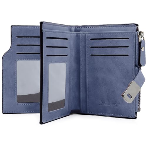 GOUNNU Geldbeutel Klein Damen PU Leder Mini Geldbörse Klein und im Kurzformat Portemonnaie Damen Viele Fächer Portmonee mit 16 Kartenfächer und Reißverschluss Münzfach (Dunkelblau)