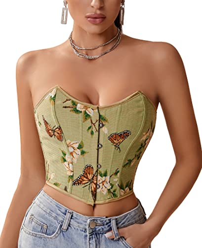 Alivila.y Fashion Womens Lace Up Back Boned Bustier Butterfly Print Corset Tube Crop Top 22047-Green-S #TOP17