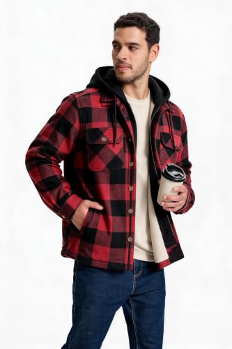Image of TanBridge Men's Cotton Plaid Shirts Jacket Full Zip Fleece Flannel Sherpa Lined Hoodies Heavyweight Hoodies Jacket for Men