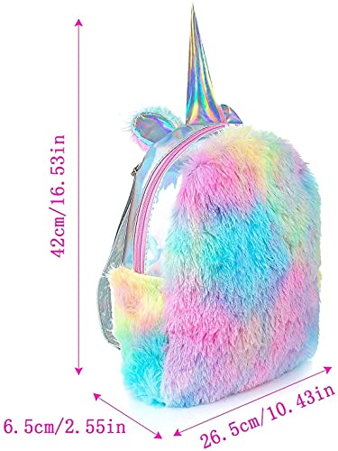 Dubkart Fluffy Unicorn Backpack, Dubkart Cute Plush Unicorn Backpack, Fluffy Mini Unicorn Backpack Bags for Girls Kids Travel Plush Rainbow Schoolbag