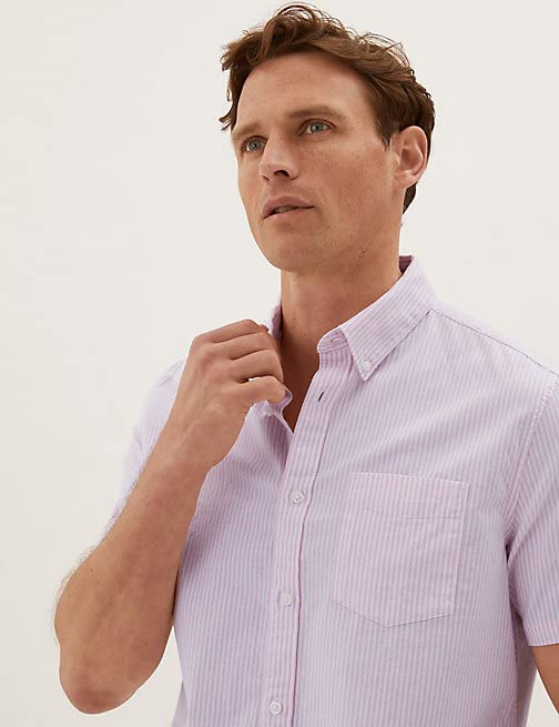 Image of Marks & Spencer Mens Striped Cotton Collared Neck Regular Fit Oxford Shirt