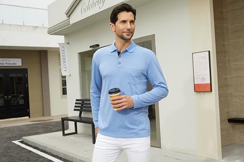 Men's Casual Long Sleeve Polo Shirts Button Classic Cotton Shirt Work Collared Stylish Golf Shirt with Pocket4
