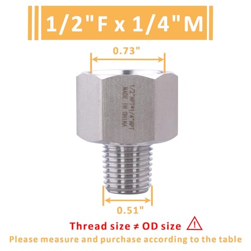 Image of Forged Reducer Adapter Fitting - Stainless Steel 304 Reducing Pipe Connector, 1 /2 inch NPT Female x 1 /4 inch NPT Male (pack of 2)