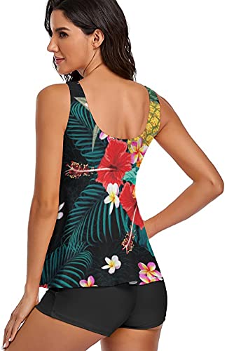 Omichic Cute Pineapple Tankini Swimsuits For Women Vinatge Floral Tummy Control Two Piece Bathing Suits Tank Top With Boyshorts Small #TOP2
