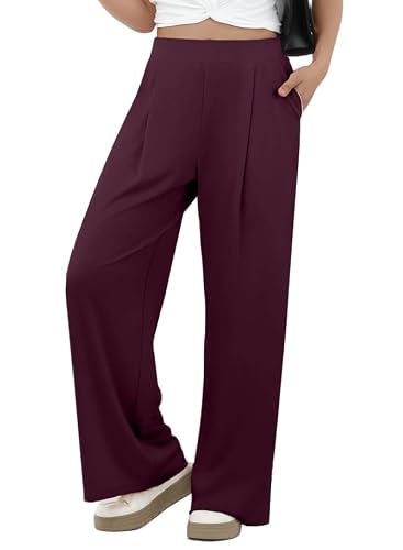 Image of GRECERELLE Womens Trousers Ladies Casual Wide Leg Pants Business Loose Commuter Pants Trousers Elasticated High Waist Yoga Culottes with Pockets for Women UK (Burgundy, L)