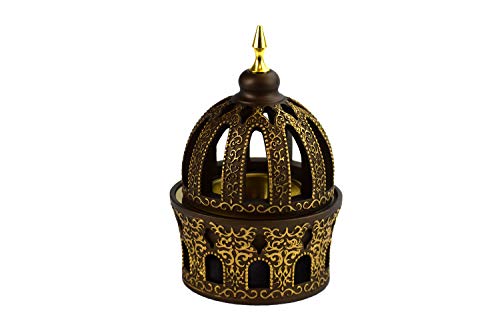 Intense Oud Calligraphy Style Closed Resin Incense Burner – Light Brown & Gold 6 Inch Metal Tray, Arabian Oud Bakhoor Burner (Mabkhara) for Yoga, Aromatherapy, Home, Office & Bedroom Decor