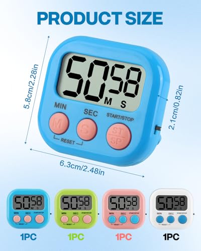 4 PCS Kitchen Timer Magnetic Colorful Digital Timer Loud Alarm Countdown Stopwatch Clock with Stand for Cooking Study Gym Brushing Teeth Kids Classroom Home Use LCD Display (Blue,White,Pink,Green) - Image 3