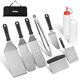 Accesorio de espátulas de acero inoxidable profesional--- el utensilios de espátulas de parrilla más completo, espátula de restaurante grande, sólida y perforada con varias cuchillas de diseño diferentes, trituradora / raspadora, trituradora de huevos, 2 piezas de fugas de la botella.
