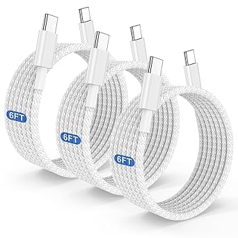 Image of Original USB-C Braided Cable Compatible with 15 /15 Pro /15 Pro Max /15 Plus 60W PD QC 2.0 Reverse Charging Support Type C to Type C Fast Cable, 3.3FT (Pack of 3) White (APR104)