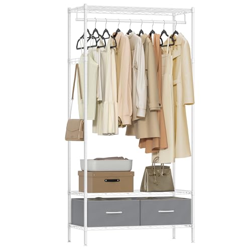 SONGMICS Clothes Rack, Heavy-Duty Garment Rack with Mesh Shelf, 2 Fabric Drawers, Hanging Rail, Hooks, Cloud White and Dove Gray ULGR411W01 Cloud White + Dove Gray