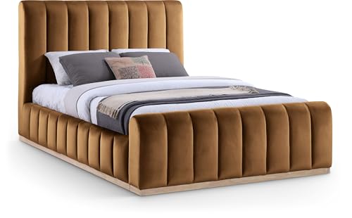 Image of Meridian Furniture AmaraSaddle-Q Collection Modern | Contemporary Queen Bed, Ultra Luxe Saddle 460 GSM Velvet, Natural Finish, Solid Wood Base and Inner Frame, 66.5 inch W x 99 inch D x 51 inch H, Saddle, Queen