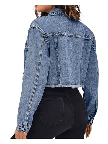 MakeMeChic Women's Cropped Jean Jacket Casual Long Sleeve Ripped Frayed Hem Denim Jacket2