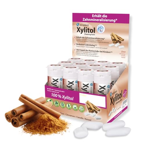 miradent Xylitol Zahnpflegekaugummi Zimt Display 12 St. | würziger Geschmack | zuckerfrei | vegan | kariespräventiv | für unterwegs