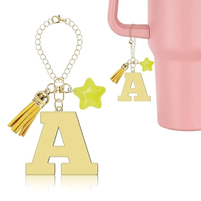 Gold Letter Charm for Stanley Cup Accessories, Cute Star Tassel Keychain Handle Charm, Monogram Water Bottle Chain