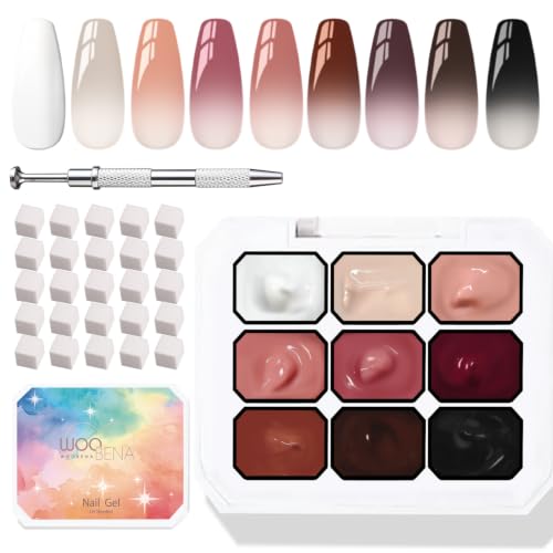 Woobena Pat Pat Gel,Ombre Gel Nail Polish Gradient Patting Gel Nail Kit for Painting DIY Nail Art No Wipe, Blooming UV/LED Curing with Tweezer and 100Pcs Nail Sponges for Ombre (9 colors A)