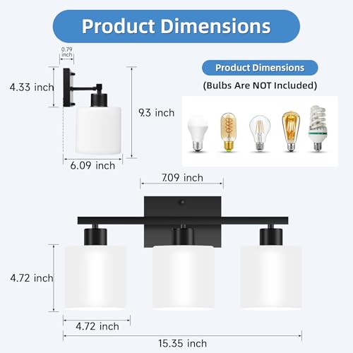 Image of SILAMPDI Black 3-Light Bathroom Vanity Light Fixtures Over Mirror, Modern Wall Sconces with Milky White Glass Shades for Living Room Hallway Cabinet, E26 Base(Bulbs Not Included)