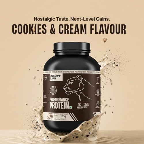 Image of BeastLife Performance Yeast Protein Powder | 25g Protein | Cookie & Cream|NABL Lab Certified | High Absorption for Muscle Growth |Smooth & Light, Easy to Digest with Ultrasorb Tech|5.64g BCAA | Best For Gut | Beta Glucan | Improves Immune Function | 2 Kg