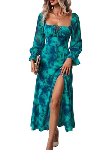 Image of BLENCOT Womens Casual Square Neck Long Sleeve Boho Floral Midi Dress Print Side Split Dresses