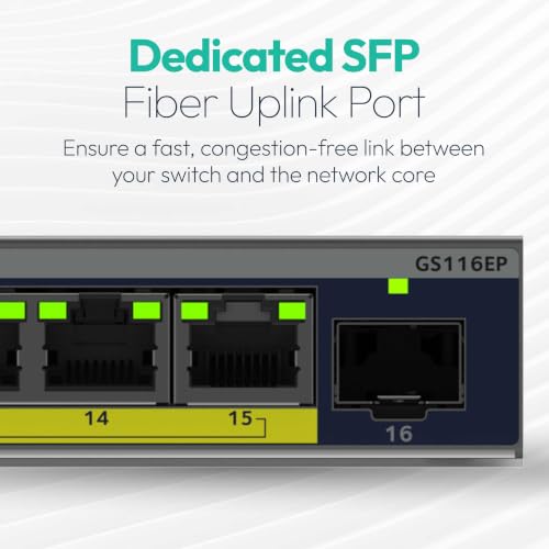 Image of NETGEAR 16-Port Gigabit Ethernet PoE+ Easy Smart Managed Switch - with 15 x PoE+ @ 180W, 1 x SFP, Fanless, Desktop or Wall Mount (GS116EP)