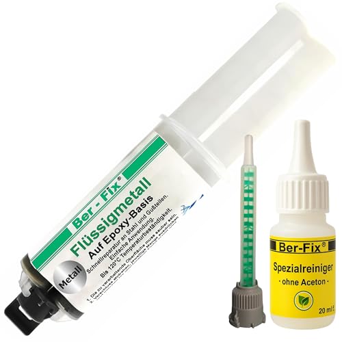 Ber-Fix 2K Flüssigmetall 25g + Spitze & 20g Spezialreiniger, hitzebeständig bis 120°C, Metallkleber & Metallspachtel, ideal für Metallreparaturen