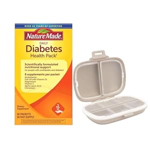Nature Made Diabetes Health Pack, 60 Packets, Bundle with a Travel Pill Organizer, 8 Compartments Portable Pill Case, Color Khaki