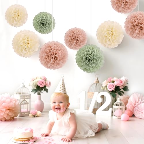 Image of EASY JOY Sage Green Tissue Pom Poms Paper Flowers Decorations Natural Green Boho Hanging Decor for Safari Jungle Party Bridal Shower Baby Shower Home Decor Nursery Birthday Backdrop 15PCS