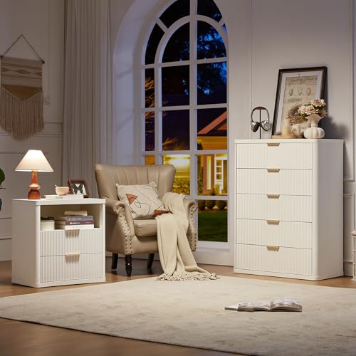 Image of LEYAOYAO Fluted 5 Drawers Dresser Set of 2, 41 inch Tall Modern Chest of Drawers with Metal Handle, Curved Profile Dresser TV Stand, Wooden Drawer Organizer for Bedroom, Living Room, Hallway,Antique White