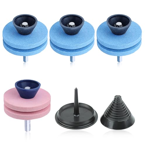 Adefol 4 pièces Pierre à aiguiser Double Couche Tondeuse à Gazon Affûteuse de Lame pour perceuse avec équilibreur de Lame pour perceuse à Main Power Drill