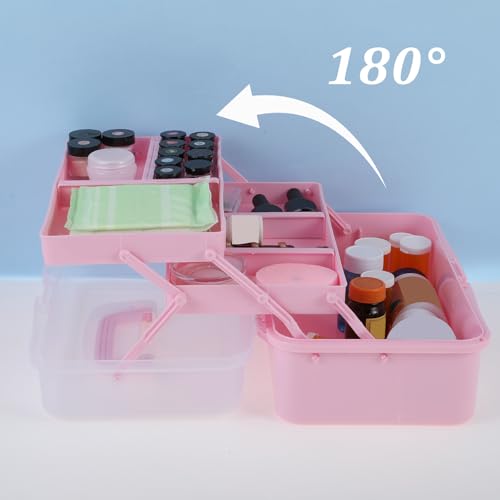 Image of Molain 3-Layer Multipurpose Storage Box, 13Inches Folding Tool Box, Medicine Box Family First Aid Box with 2 Trays, Art & Crafts Case Sewing Supplies Organizer for Art Craft and Cosmetic(Pink)