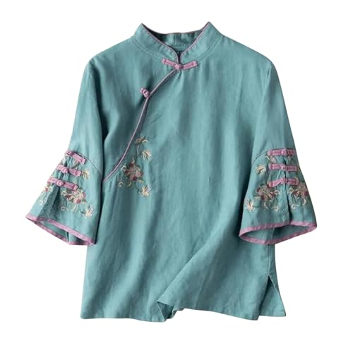 Plus Size Linen Tops Summer 3/4 Sleeve Chinese Frog Blouses Traditional Mandarin Embroidered Jacquard Shirts