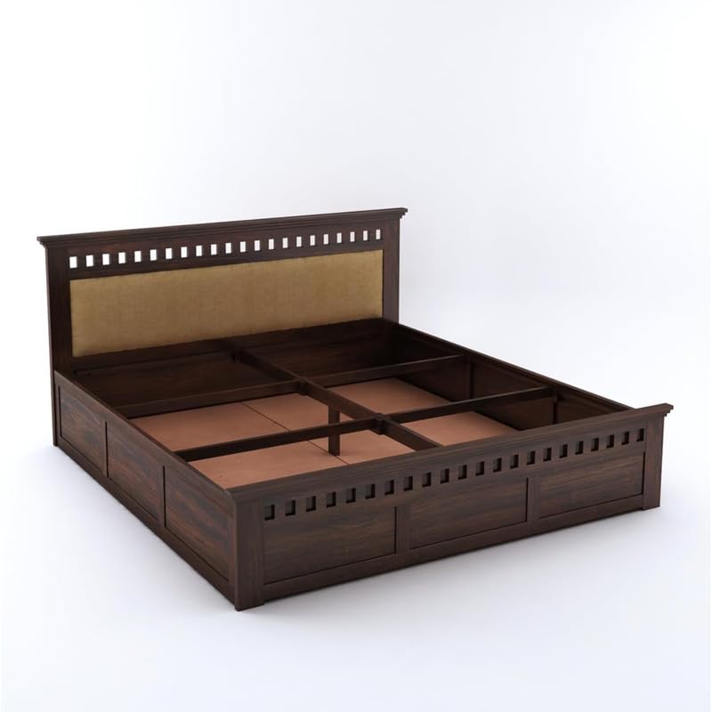 Image of Amazon Brand - Solimo Solid Sheesham Wood Kuber Queen Size Upholstered Bed with Box Storage + 2 Bedside | Wooden Queen Size Cot Bed | Double Bed with 2 Bedside Table for Bedroom (Walnut Finish)