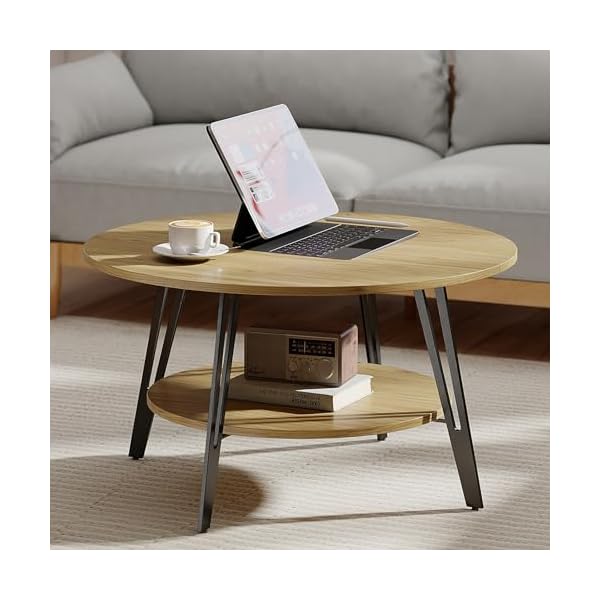 Manora Table Basse Ronde, Table Basse Bois, Table Basse de Salon Scandinave avec Rangement, Petite Table Basse Industrielle Moderne à 2 Niveaux, avec étagère Ouverte, Table à Cocktail (Chêne)