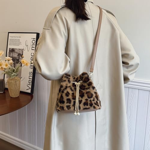 Fluffy Purse Faux Fur Purses for Women Pearl Cheetah Purse Furry Crossbody Bucket Bags Fuzzy Shoulder Tote Bag3