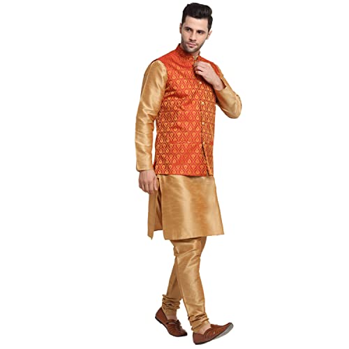 Image of KRAFT INDIA Mens Gold Silk Blend Kurta and Churidar Set With Jacquard Paisley Nehru Jacket