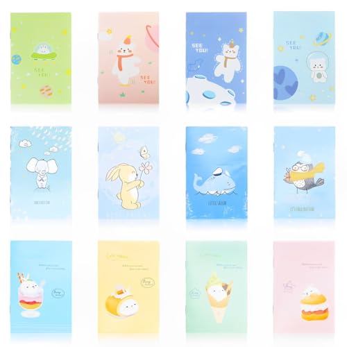 Ynkkvre 12 Stück Cute Cartoon Notizblock, Bunt Cartoon Tier Mini Notizbücher,7 x 10.5cm Kleine Tasche Tagebuch Notizblöcke,Tragbar Klein Notebook für Büro Familie Reisenotize.